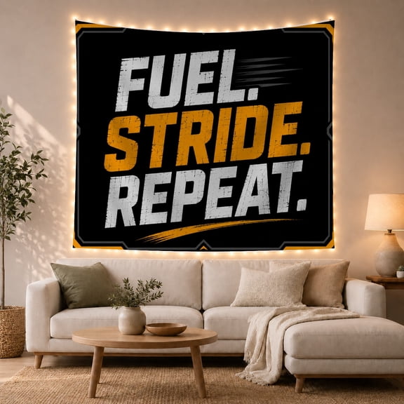 Fuel Stride Repeat on Black Background, Energetic Minimalist for Running Enthusiasts, Athletic Wall Art Decor, Halloween Gift, Tapestry Wall Hanging for Bedroom and Living Room