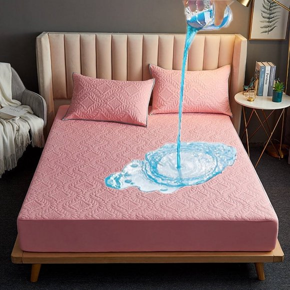 Large Quilted Waterproof Mattress Cover, Fully Jacquard Fabric, Mattress Protector, Soft Pad for Bed, Home Decor, Luxury (Pink,120x200cm)