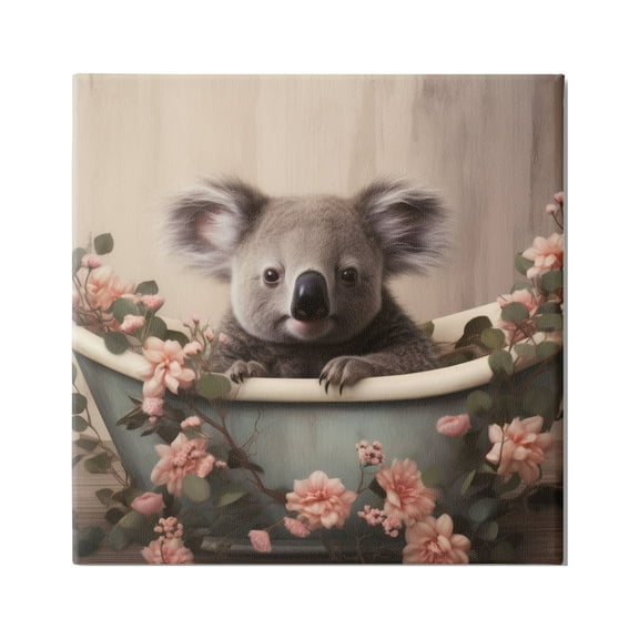 Stupell Industries Koala Bathroom Pink Florals Animals & Insects Painting Gallery Wrapped Canvas Art Print Wall Art, 17 x 17