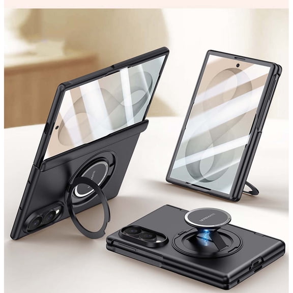 For Samsung Galaxy Z Fold8 Phone Case,360°Rotatable Ring Kickstand,With Hinge Protection,Built-in Front Screen Protector,Rebound Hand Strap,Shockproof Non-slip Rugged Phone Case,Black