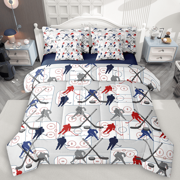 Manfei Ice Hockey Print Bedding Comforter Set 7-Piece, Sport Theme Full Bedding Set, Athelete Gifts Fitted Sheet Flat Sheet, Luxury Bedroom Decor