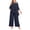 Navy Blue, variant on Plus Size 2 Piece Formal Pant Set, Layered Ruffle 3/4 Sleeve Top with Removable Rhinestone Brooch & Elastic Waist Wide Leg Pants, Elegant Wedding Guest Outfit for Women