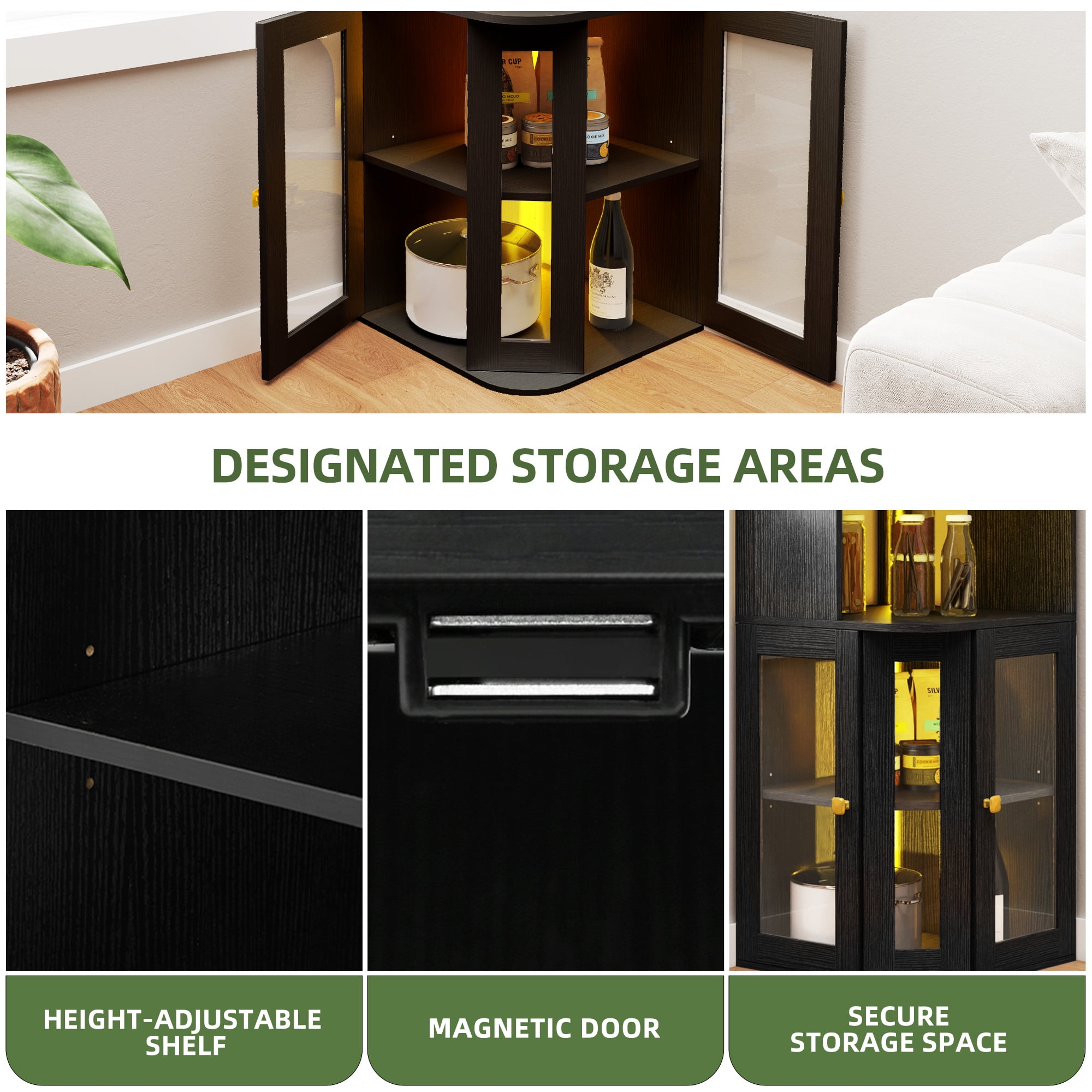 Uforic 5 Tier Corner Bar Cabinet with LED Lights & Glass Holder, Storage Cabinet with Door and Shelves, Black