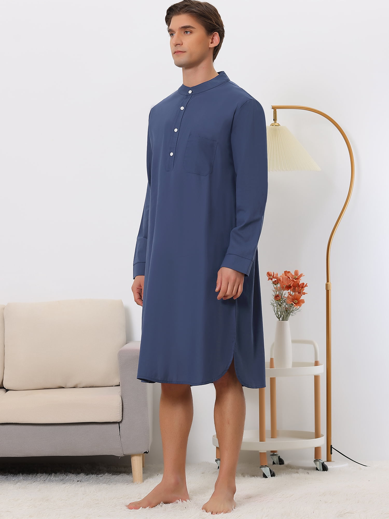 Unique Bargains Men's Banded Collar Nightshirt Sleep Shirt Nightgown L Navy