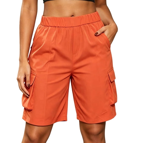 cocolona Womens Summer Casual Cargo Shorts Elastic Waist Wide Leg Knee Length Outdoor Hiking Shorts with Pockets