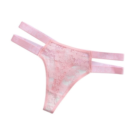 Virmaxy Alluring See Through Seamless Thongs for Women Ladies Lace Alluring Hollow Out Mesh Breathable Letter Waistband Thong Panties Pink S