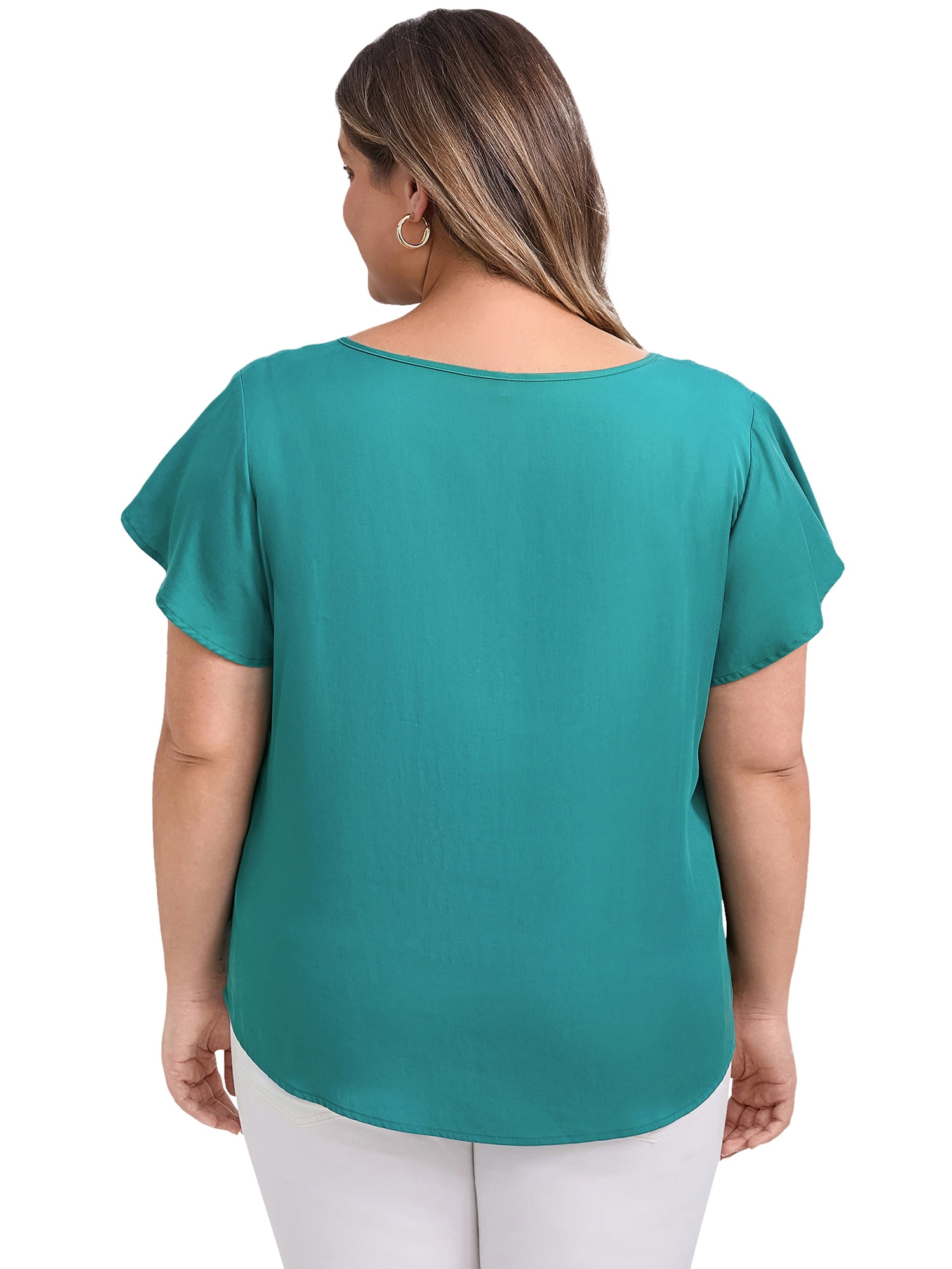 DARING DIVA Women's Plus V Neck Ruffle Sleeve Blouse 4X Lake Blue