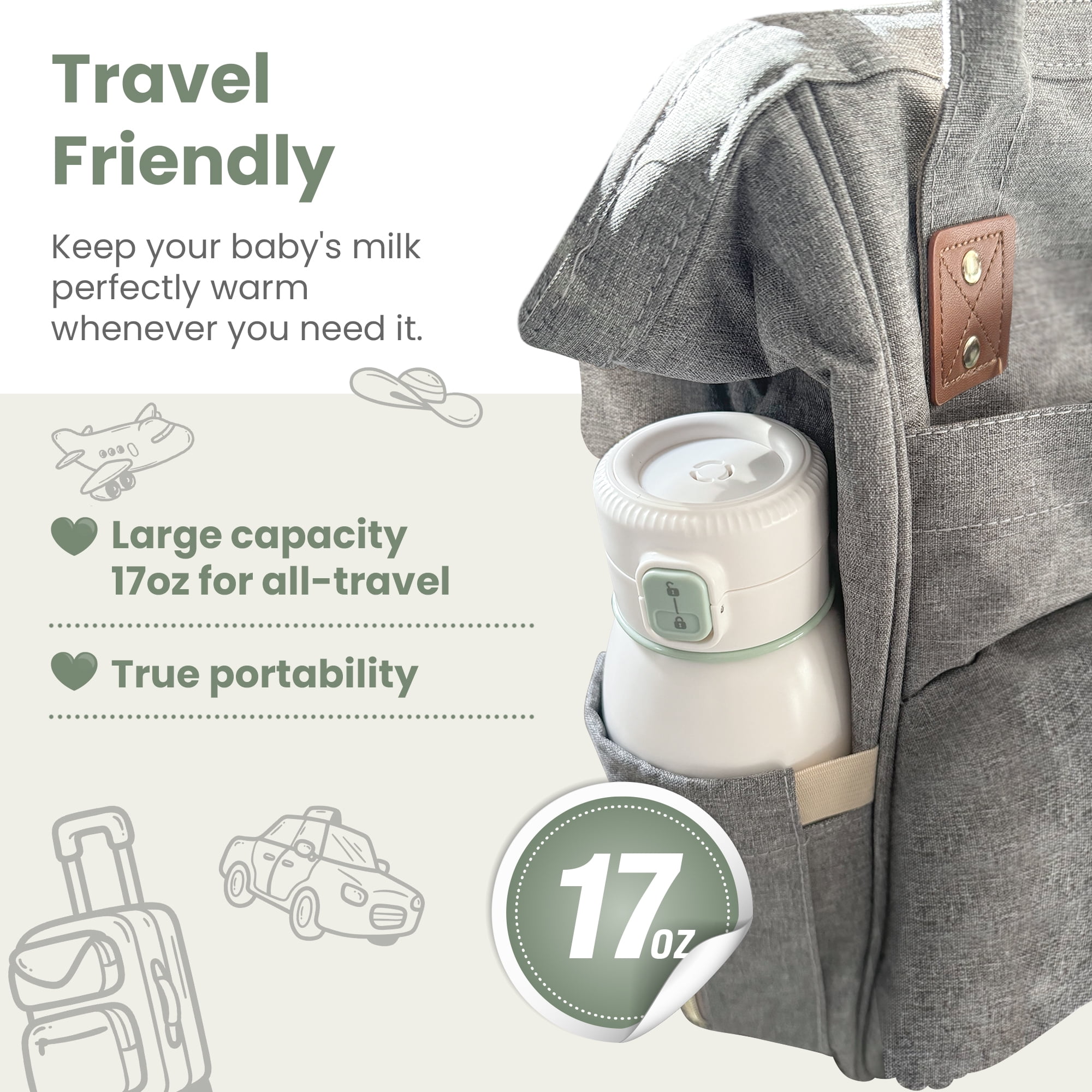Portable Milk Warmer for Travel, 17 oz Capacity, 3 Min Fast Heating & Long Battery Life, Baby Bottle Warmer for Breast Milk and Water On-The-Go, Pasteurization Mode, Meets Full Day Feeding Needs