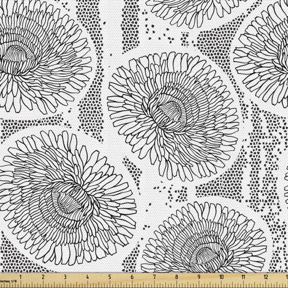 Floral Fabric by the Yard, Hand Drawn Sketches of Dandelion Flowers and Spots on a Plain Background, Decorative Upholstery Fabric for Chairs & Home Accents, Charcoal Grey White by Ambesonne