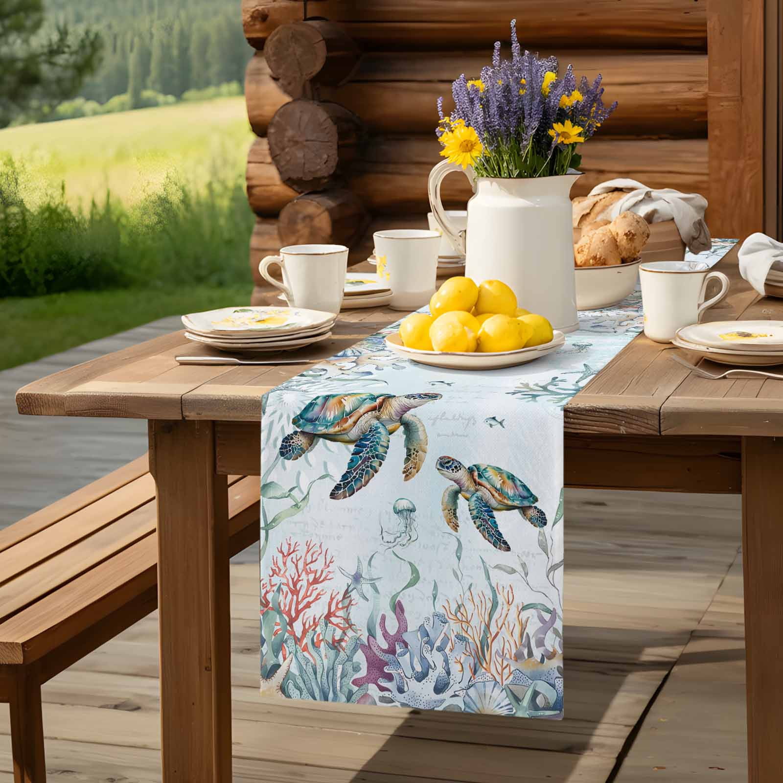 Sea Turtle Coral Seaweed Table Runner 90 Inches Long, Summer Coastal Nautical Theme Table Runners Tabletop Scarf Kitchen Dining Tables Decoration for Home Party Indoor Outdoor
