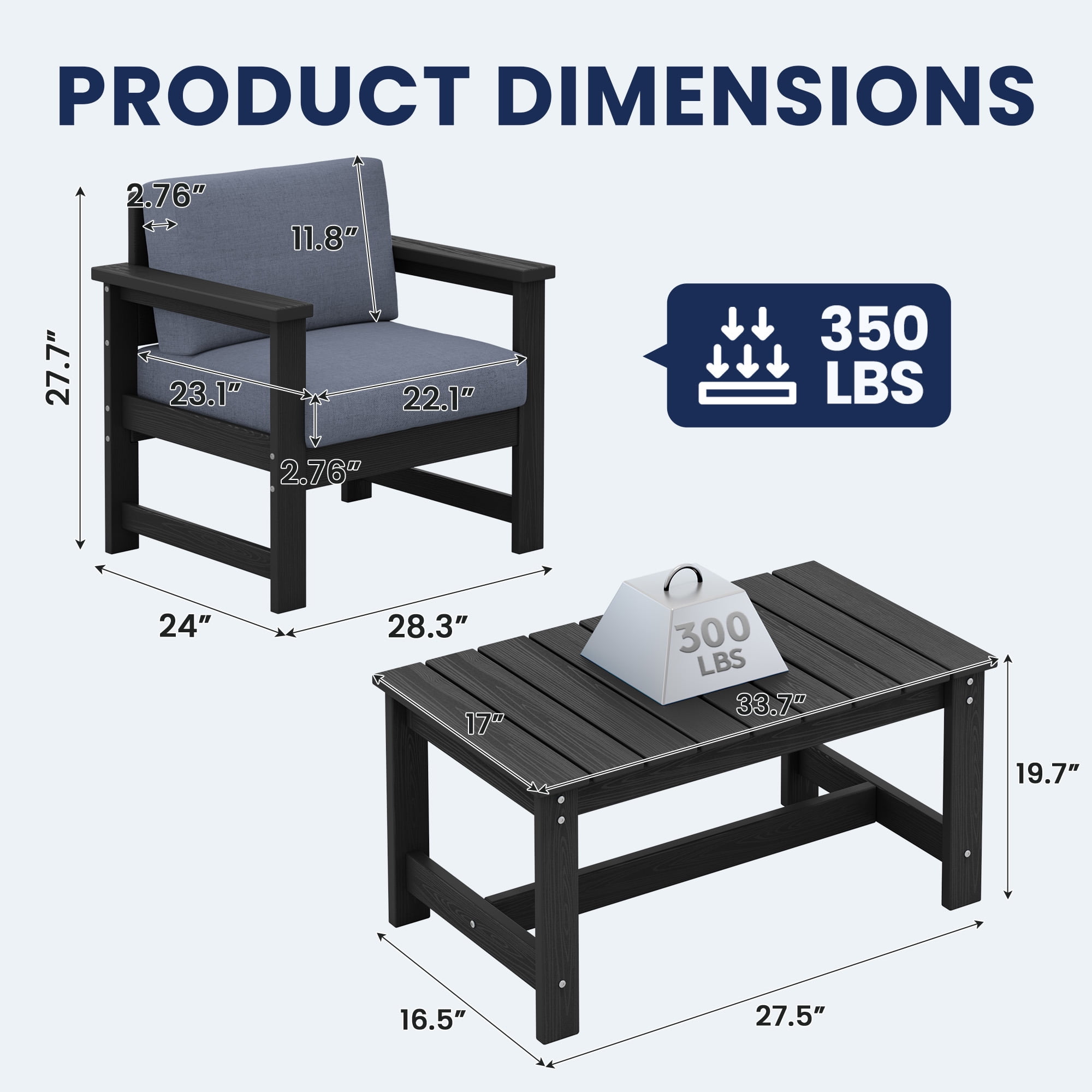 KINGYES 3 Pieces Outdoor Furniture Set, HDPE All Weather Use Conversation Couch Sets,2 Armchairs & 1 Coffee Table for Patio Backyard, Black Frame with Gray Cushions