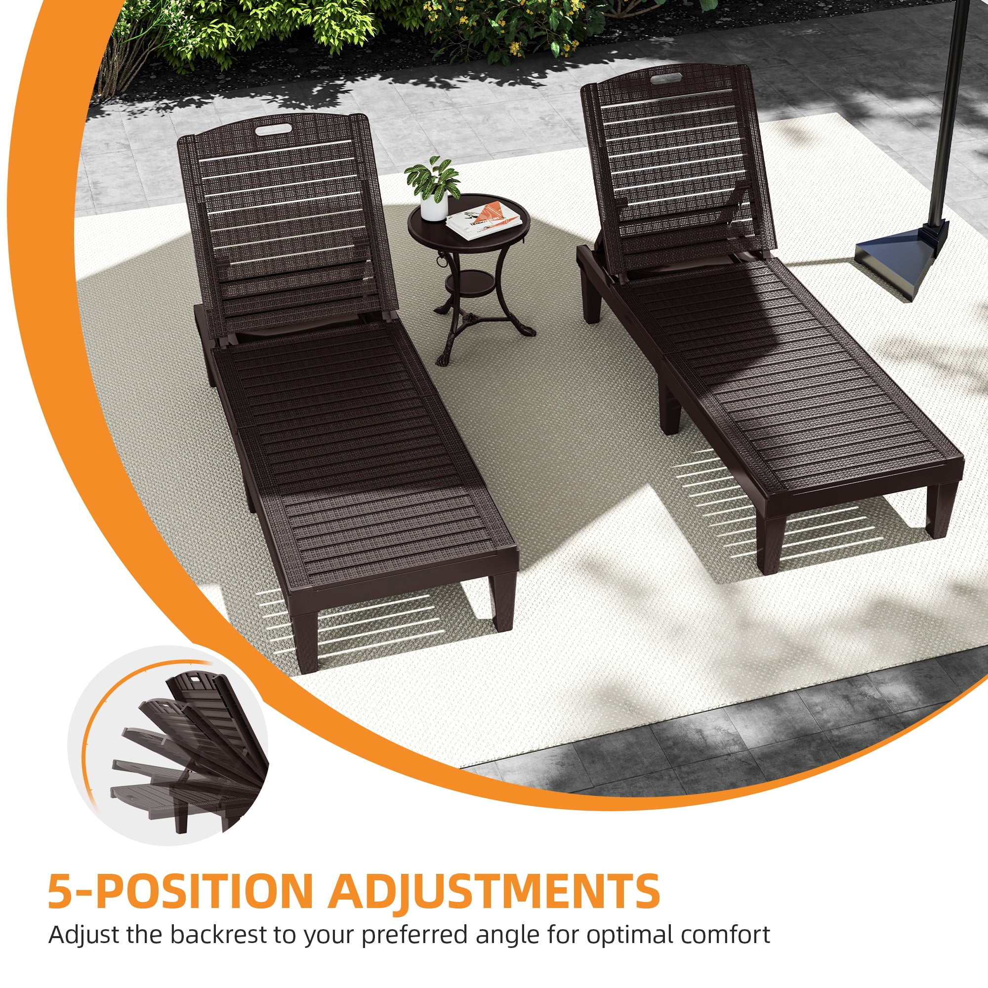 Uforic Outdoor Chaise Lounge Set of 2, 5-Position Adjustable Backrest, Waterproof for Patio, Brown
