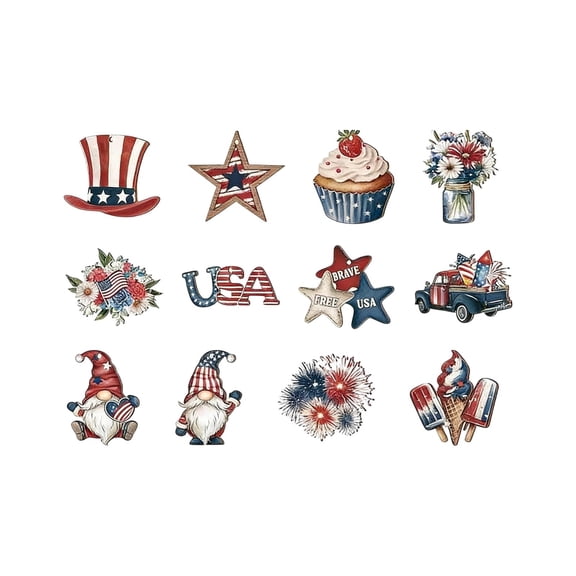 4th of July Patriotic Ornaments, 12 Pcs Memorial Day Tree Decorations Red White Blue America Wooden Ornament 250th Anniversary Decor Multicolor