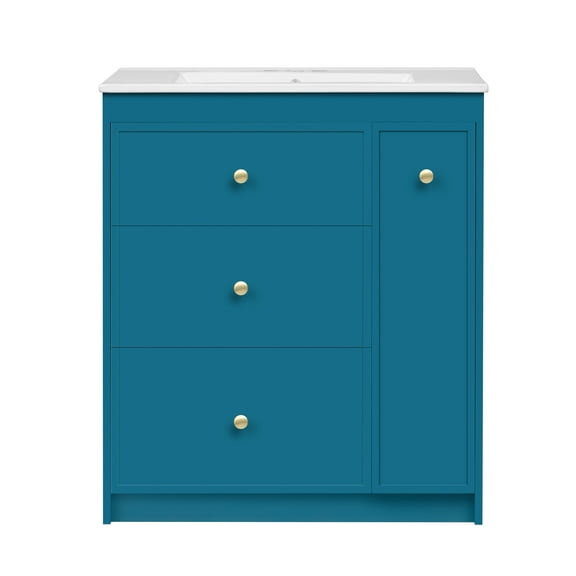 30" Bathroom Vanity with Ceramic Sink Combo - Free Standing Single Vanity Set with 4 Drawers, Modern Blue Bathroom Storage Cabinet, Solid Wood & MDF Construction