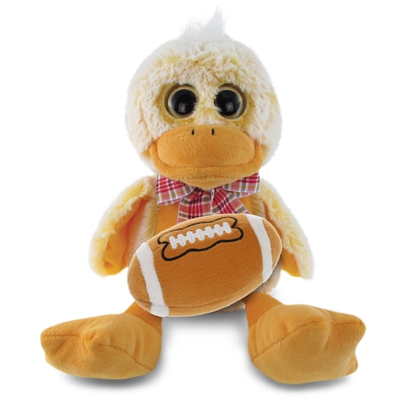 DolliBu Sitting Duck Stuffed Animal with Football Plush - Soft Huggable Duck, Adorable Playtime Duck Plush Toy, Cute Wildlife Gift, Plush Doll Farm Animal Toy for Kids and Adults - 9 Inches