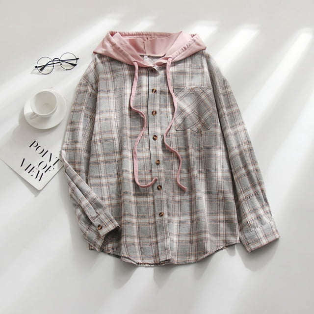 Cardigan à Carreaux à Capuche pour Femmes, Chemise Décontractée Boutonnée, Veste, Haut