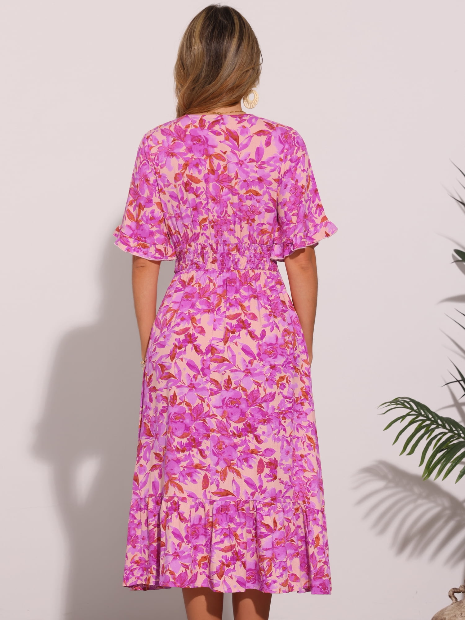 DARING DIVA Floral Summer Casual Ruffled Hem Wrap Midi Dress XS Rose Pink