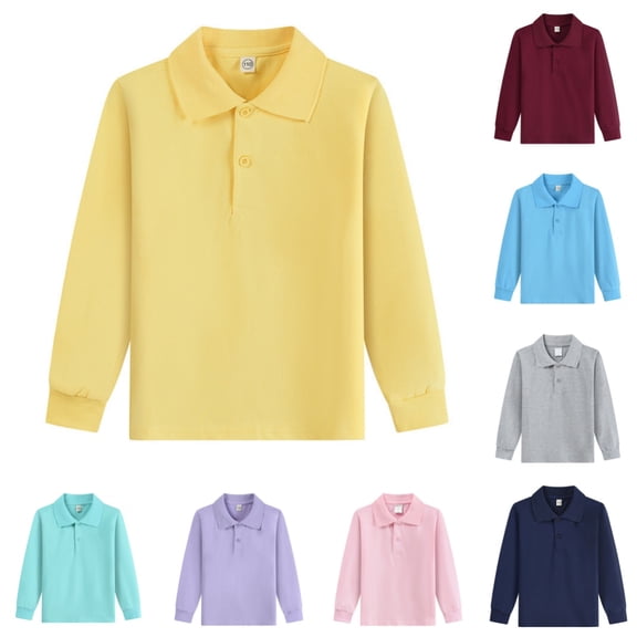 Polo Shirts Kids School Uniform Relaxed Fit Back To School Long Sleeve Collared Tee Shirts Solid Color Pullover for Boys & Girls Yellow 9-10 Years
