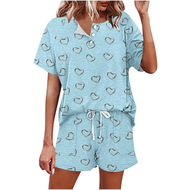 Conjunto de Verano para las Mujeres Impresión Casual Botón de Manga Corta Ropa de Noche Pantalones Cortos Ropa de Dormir, Conjunto de Ropa para las Mujeres