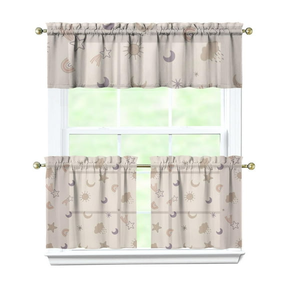 3 PCS Cute Cartoon Kitchen Curtains Set - Fun Kawaii Rainbow Animals & Space Design, Semi-Sheer Tier Curtains with Valance for Kids Room, Farmhouse Window Treatment Panels (54x18 & 27.5x24 Inch)