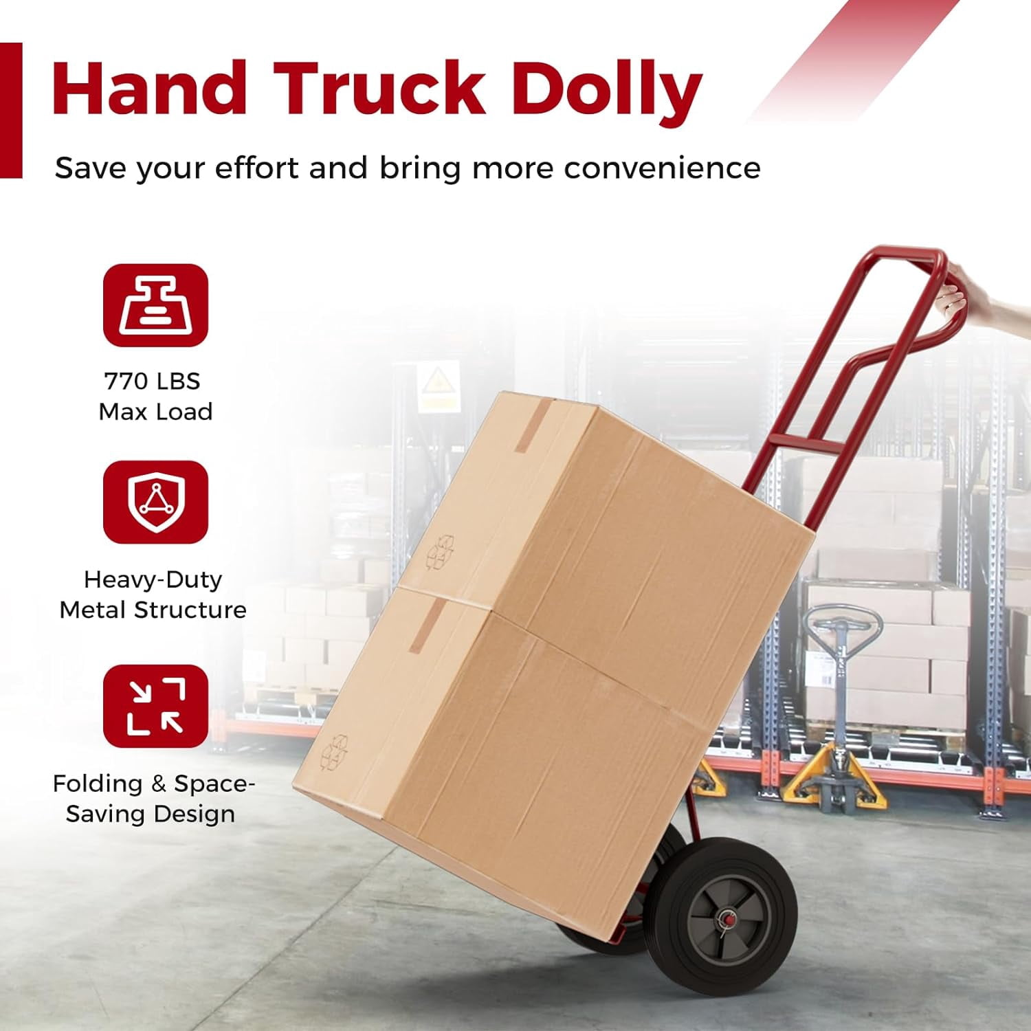 Fusion Hand Truck, P-Handle Hand Truck Dolly w/Vertical Loop Handle, 10” Rubber Wheels, 15”x8” Foldable Nose Plate, 660LBS Capacity, Heavy Duty Metal Dolly Cart for Lifting, Stairs (Red)