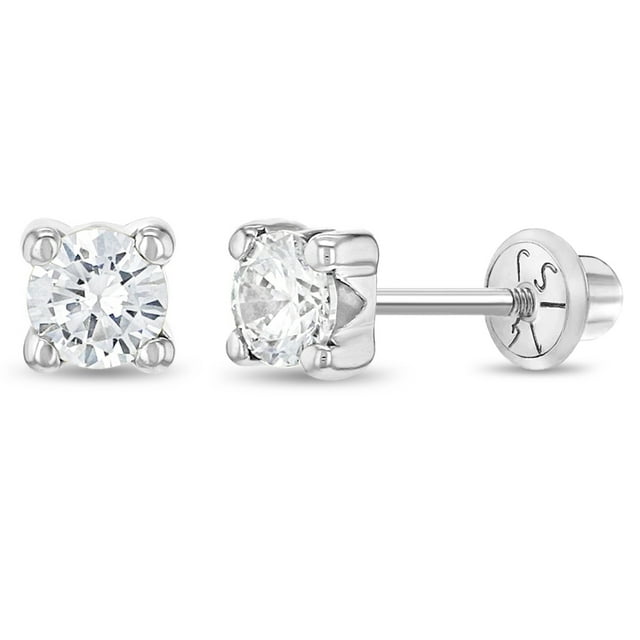 Or Blanc 14k pour Fille, Zircon Cubique Clair de 4 mm, Serti à Griffes, Solitaire, Fermoirs Vissés