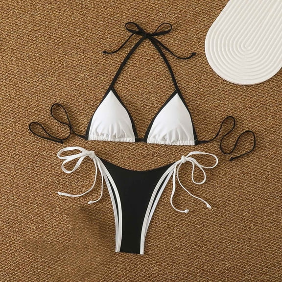 Roncen Women's Sexy Halter Thong Bikini Tie Two Sides Bottom Triangle Bikini Swimsuits