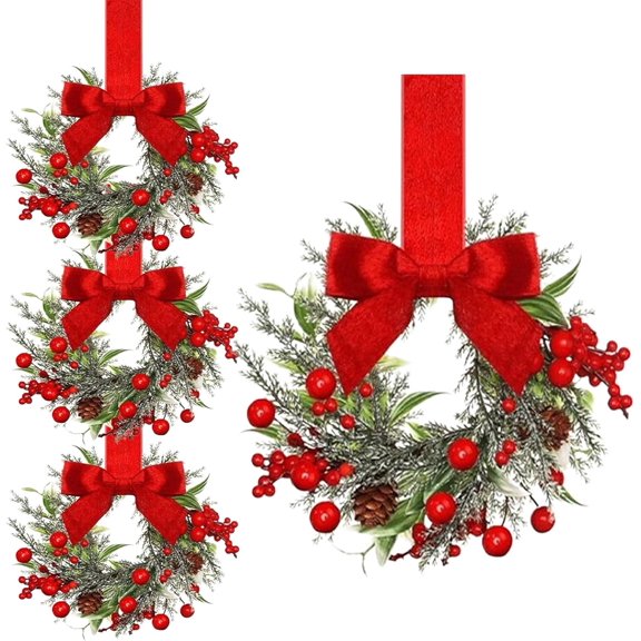JEWLALO 4 Pack Mini Christmas Wreaths, Bow Ribbon Cedar Red Berry, Mini Christmas Wreaths for Cabinets, Small Window, Door, Farmhouse Xmas Party Decorations, Instant Festive Charm