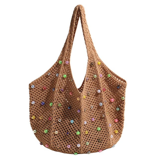 Bolso Tejido a mano Likrtyny con Perlas Huecas Pequeño Informal caqui Gran Capacidad