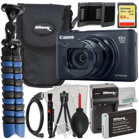 Ultimaxx Advanced Canon SX740 HS Digital Camera Bundle (Black) (International Model) - Includes: 64GB Extreme SDXC, Replacement Battery & Much More (18pc Bundle)