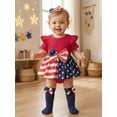 thumbnail image 4 of BemeyourBBs Baby Girls 4th of July Outfit Infant Baby Girl Patriot Independence Day Romper Dress Summer Clothes Flying Sleeve Star Stripe Print Bodysuit Playsuit with Socks Headband 3Pcs Set, 4 of 9