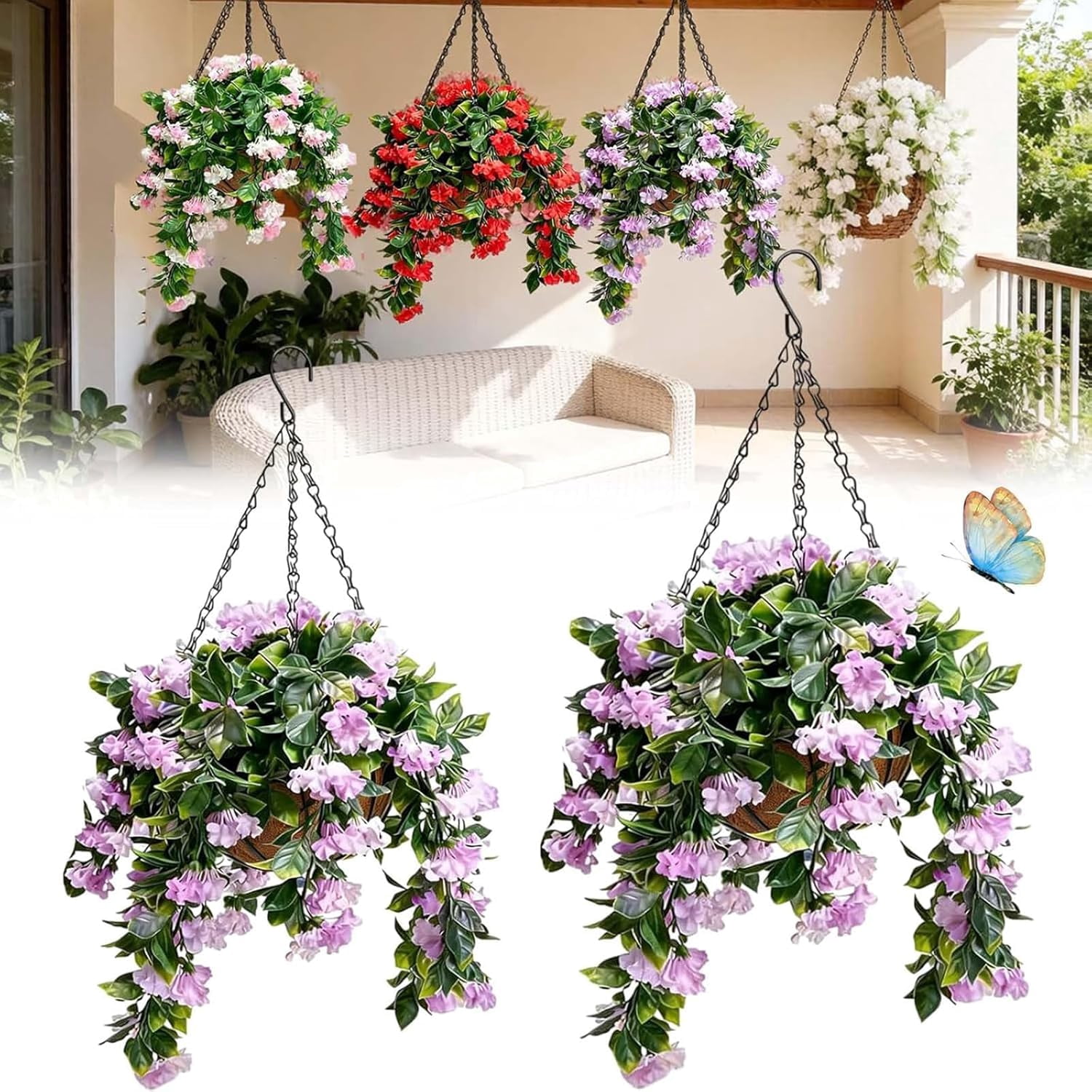 15" Faux Crepe Myrtle Hanging Baskets - Set of 2,Realistic Artificial Flowers for Outdoors, No Maintenance & UV Resistant,Faux Greenery for Home Porch Yard,Garden, Patio,Window Box Decor (White,1Pcs)