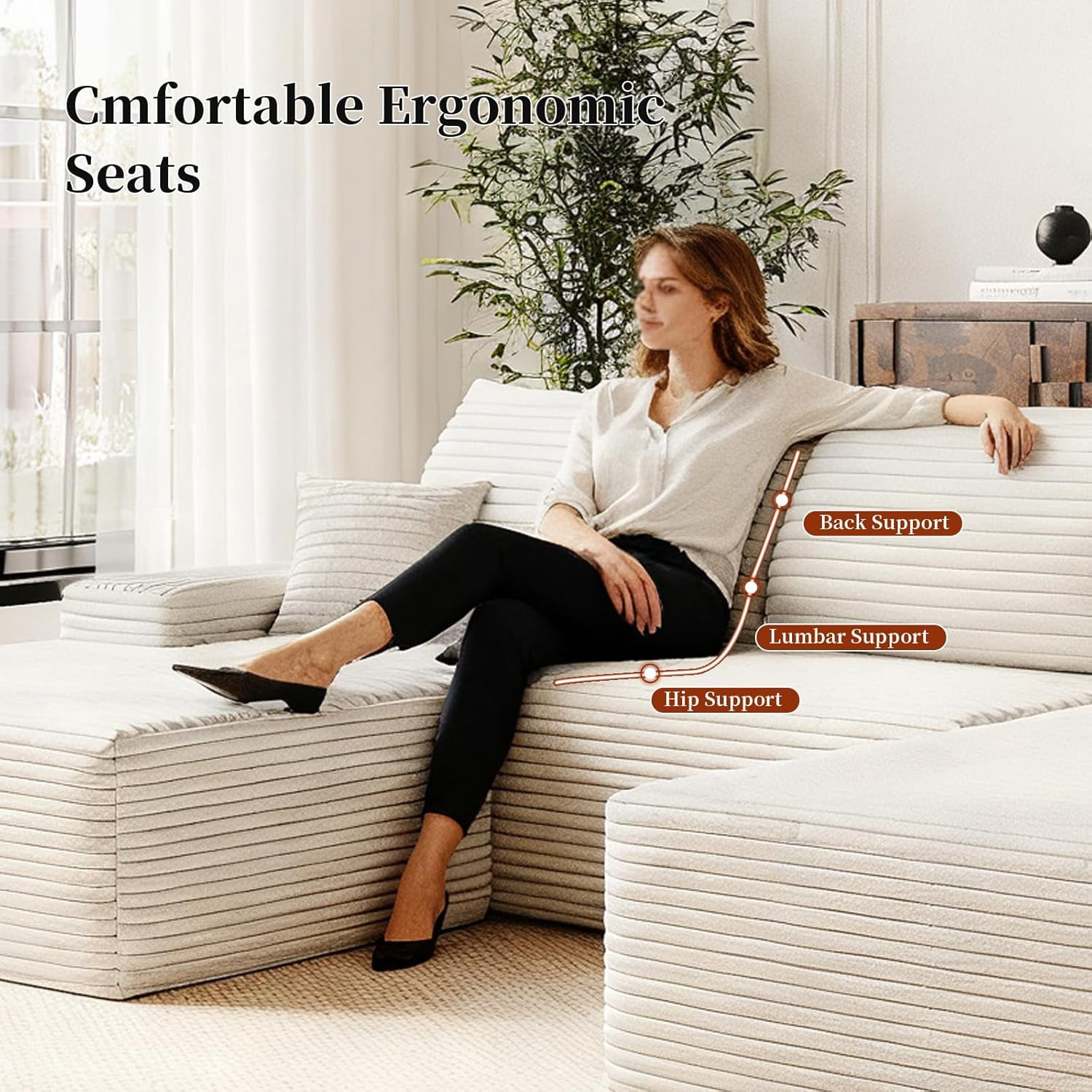 Sailvan 135" Cloud Sectional Couch, Cloudy Sofa with L-Shape Chaise & Ottoman, Upholstered Couches for Living Room & Bedroom, No Assembly Required, Plush Corduroy Fabric, Beige