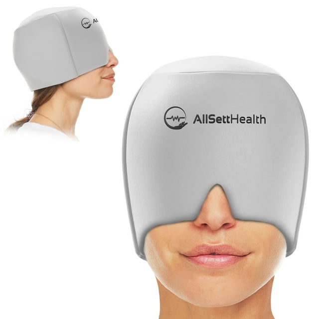 AllSett Health Form Fitting Migraine Relief Ice Head Wrap in gray, offering headache and migraine relief with 360-degree coverage. Includes blackout eye mask for puffy eyes, hot or cold therapy, and compression therapy for tension, sinus, and stress relief. Stretchable one-size design.