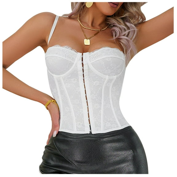 Women Floral Lace Hook Front Corsets Camisole Solid Color Spaghetti Straps Underwire Fish Boned Fitted Bustier Crop Top