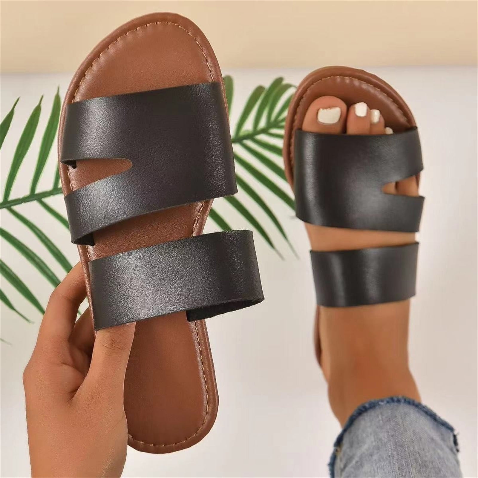 HAOTAGS Womens Stylish Slide on Comfort Sandal Flat Single Band Slide Sandals Open Toe Casual Summer Shoes Black Size 8.5