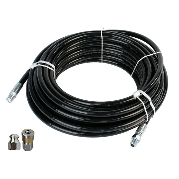 Schieffer 1/4in. x 200ft. 4400 PSI Thermoplastic Sewer Jetter Hose & 5.5 Orifice Button Nose and 5.5 Rotating Nozzles
