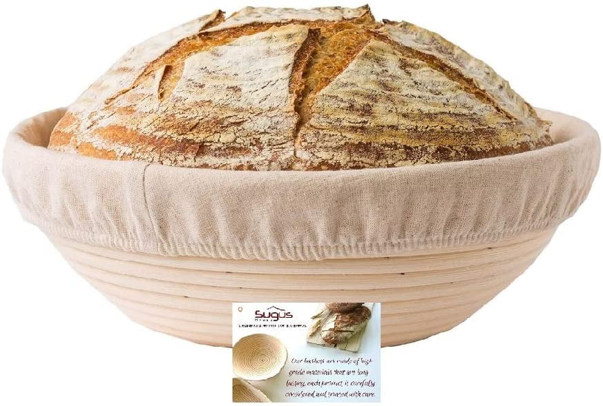 Banneton,Bread 9 Inch Round Proofing Basket,Brotform Dough Proofing Rising Rattan Basket+Dough Scraper+Bread Lame+Linen Liner|Hand Made Eco Friendly,Durable,Easy to Clean|Bread Making Set for Bakers 