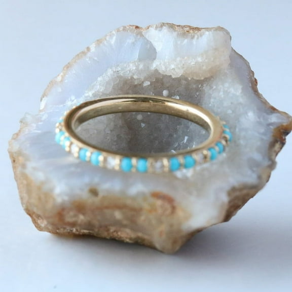 Turqoise & Diamond Full Eternity Band Ring, 925 Sterling Silver Ring, Stackable Band Ring, Minimalist Ring, Handmade Fine Jewelry.