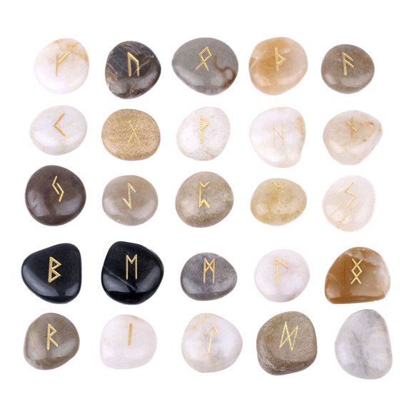 MasteelfCA 25pcs Natural Engraved Rune Stones Pebble Sets Fortune Telling Divination Stones (Random Color)