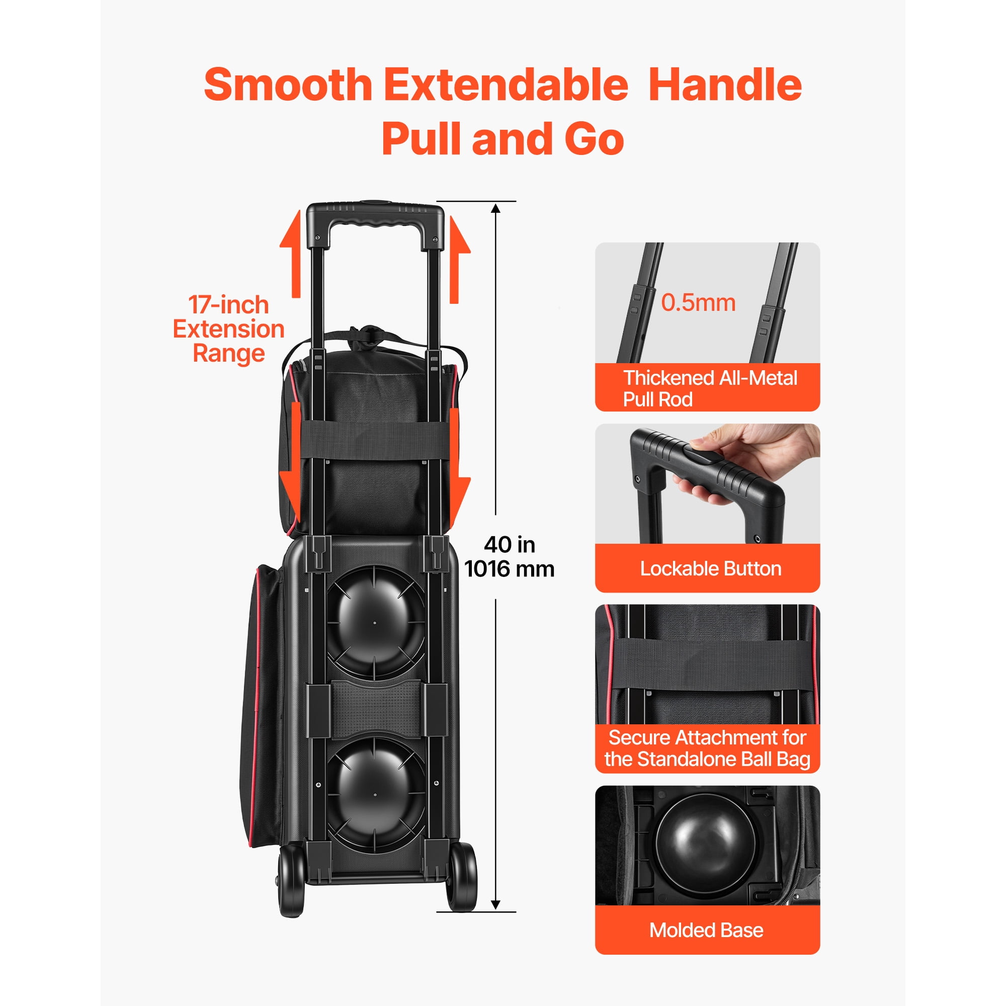 KFFKFF 3-Ball Bowling Bag with Wheels, Shoe Compartment for Sizes Up to US Men 16, Rolling Bag with Accessory Pocket and 40-Inch Retractable Handle