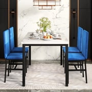 Dining Room Bar Table Set for 4, Kitchen Table Set with 4 Velvet Chairs, Modern Wooden Top Finish Dining Set for Bar, Breakfast Nook, Blue