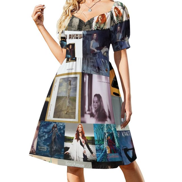 Vestido de manga corta con estampado de colección de collage de discos de álbumes, vestido de mujer, vestido largo de mujer