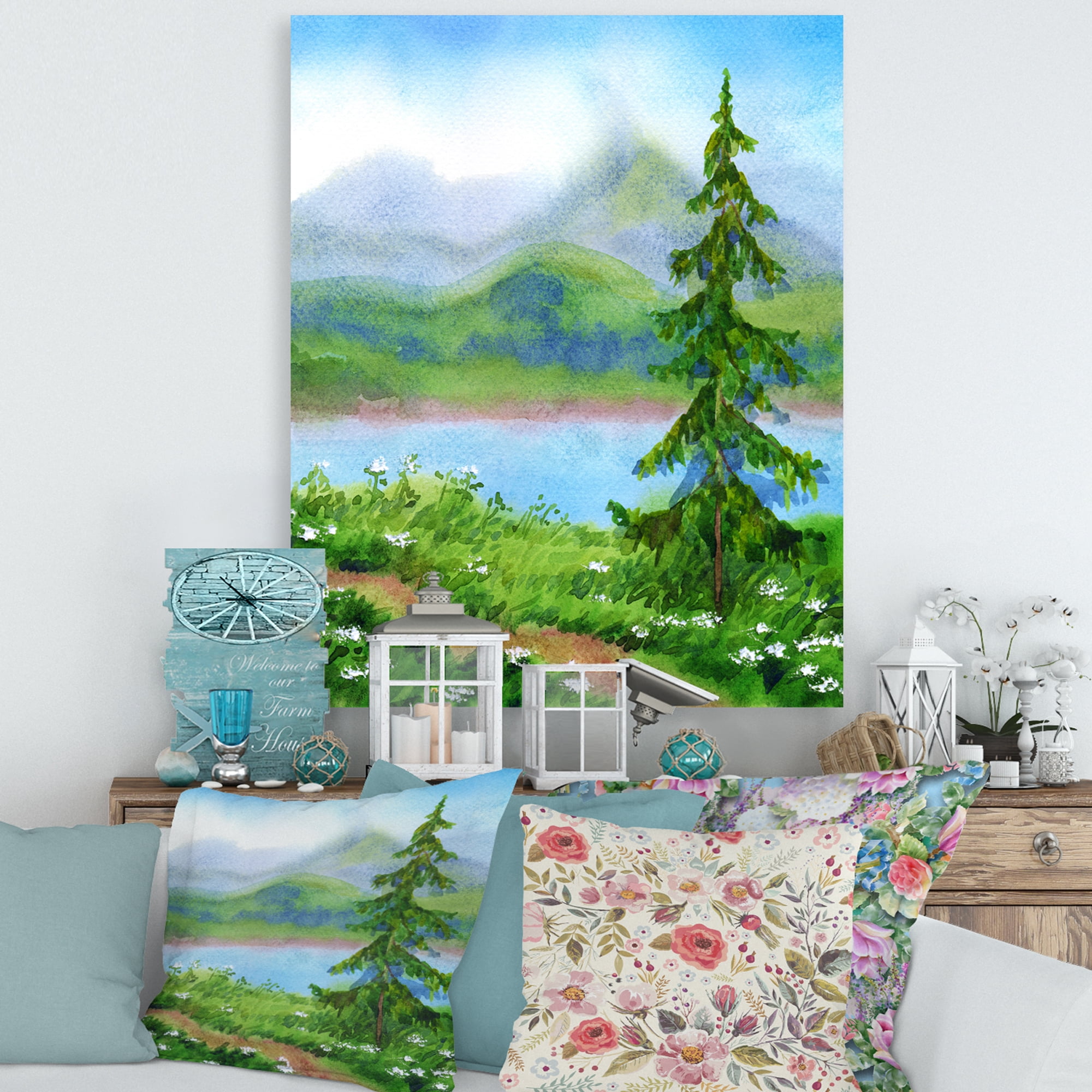 Designart ' Landscape River Spruce Near The Trail On A Hill ' Traditional Canvas Wall Art Print