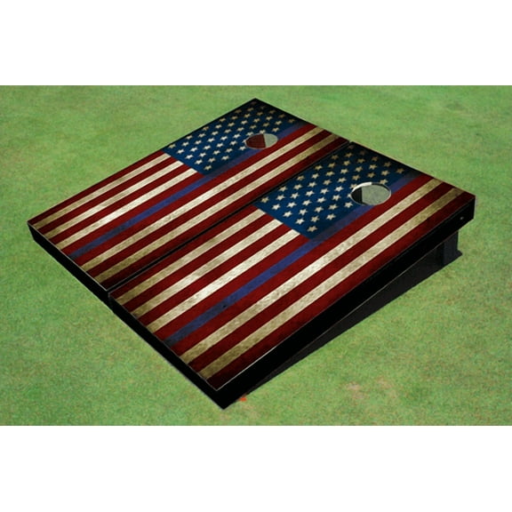 Custom American Flag With Stars On Left And "Thin Blue Line" Themed Cornhole Board set