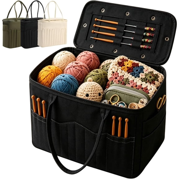 Canvas Yarn Storage Bag with Needle Pockets,Spacious Knitting Crochet Organizer,Portable Craft Accessories Tote for DIY Handwork.(Black)