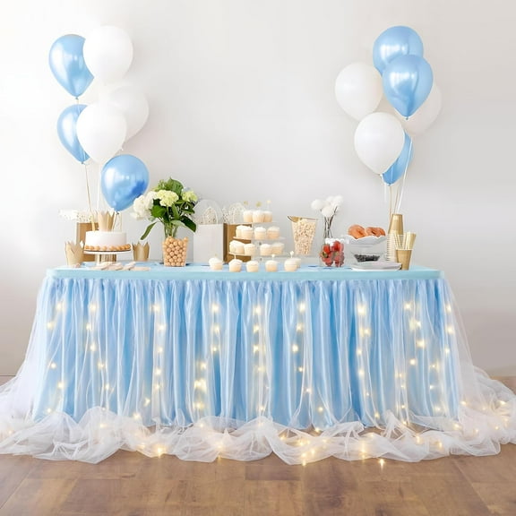 Wehilion Tulle Table Skirt Ruffle Tutu Table Cloth, LED Table Skirt for Rectangle Table for Baby Shower Wedding, Birthday Party Decoration