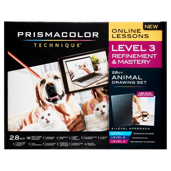 Prismacolor Technique, Art Supplies and Digital Art Lessons, Animal Drawings Set, Level 3, How to Draw Animals with Colored Pencils, and More, Includes Artist Roll Case, Dog, Cat & Pet Lesson, 28 Ct