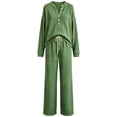 thumbnail image 5 of Women's Waffle Knit 2 Piece Tracksuit Outfit Henley Long Sleeve Top and Drawstring Wide Leg Pants Soft Comfy Loungewear Casual Travel Vacation Streetwear Set Green, 5 of 5