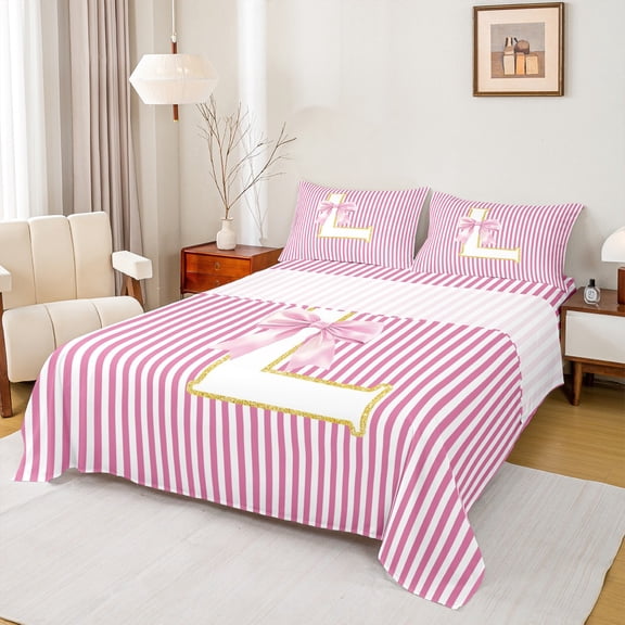 Homewish Kawaii Princess Style Twin Sheet Sets for Teen, Kawaii Initial L Letter Twin Fitted Sheet, Pink Stripes Line Flat Sheet, Luxury Bedroom Decor, 3-Piece